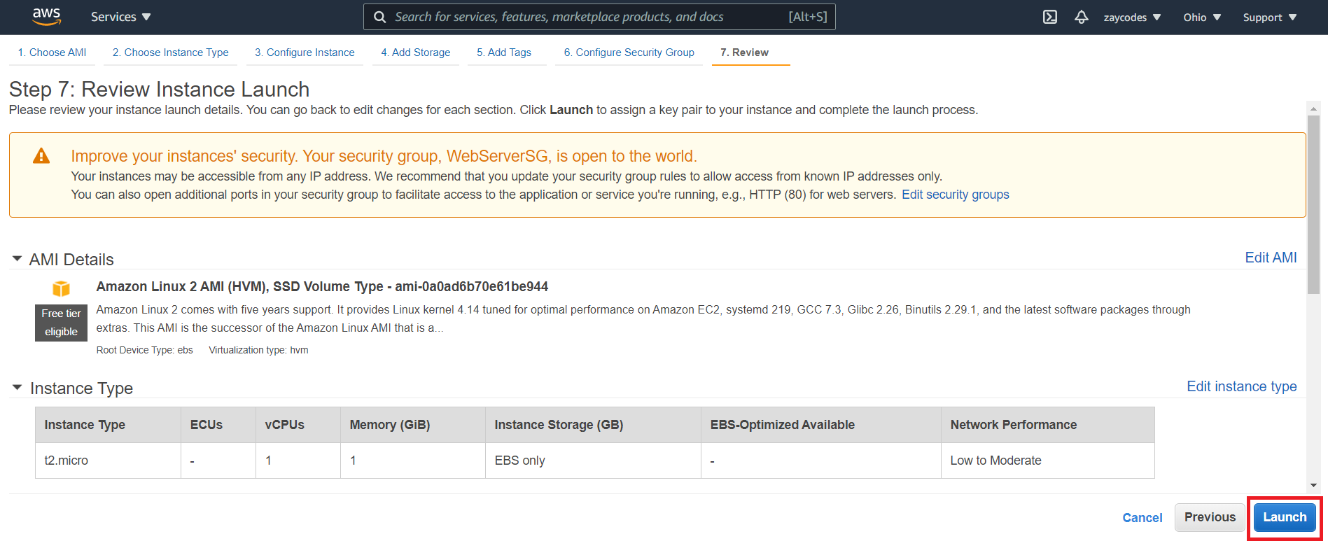 AMazon review your instance prior to launch