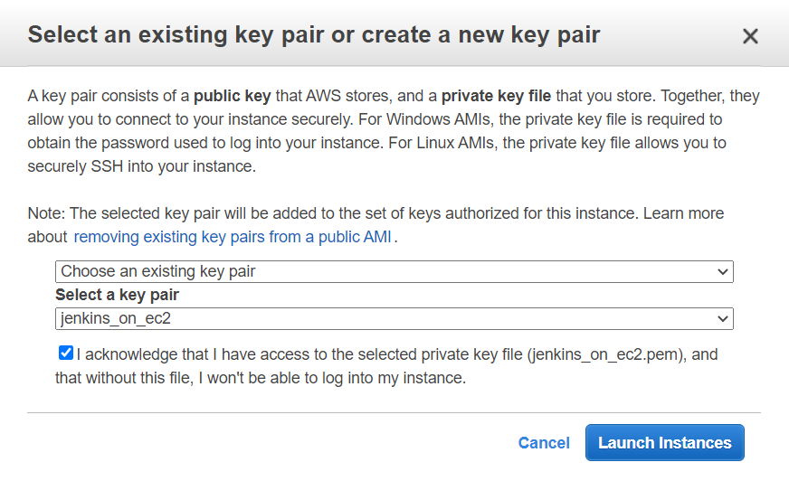 Selecting a key pair for Amazon
