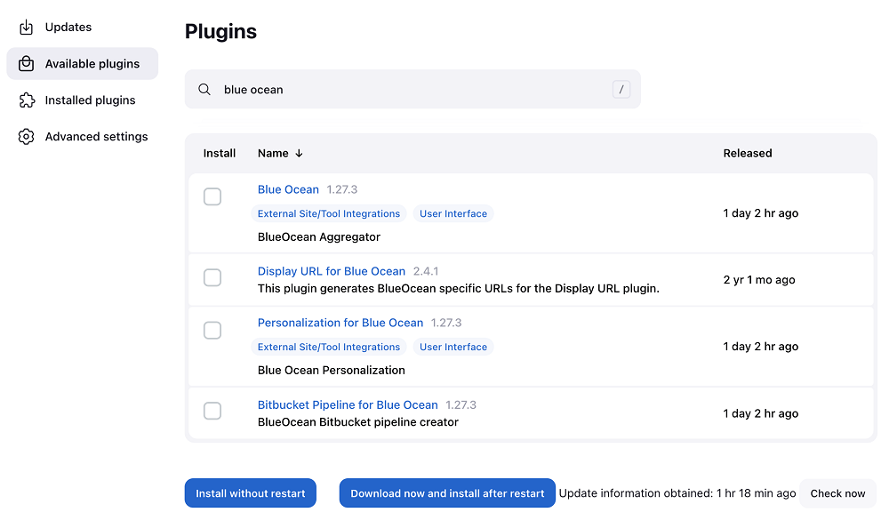 Available Blue Ocean plugins after being filtered list.