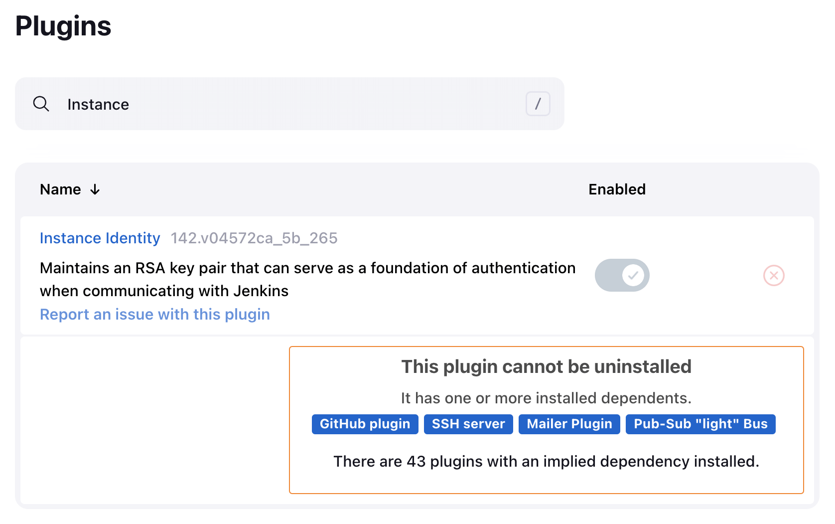 Hover over the uninstall button to see Implied Dependencies