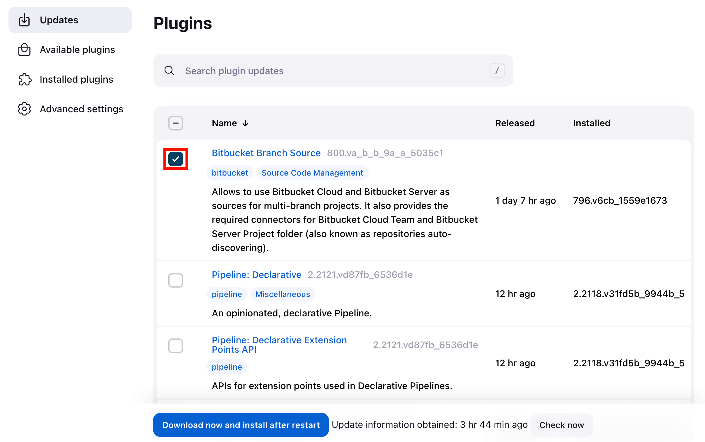 Updates tab in the Plugin Manager