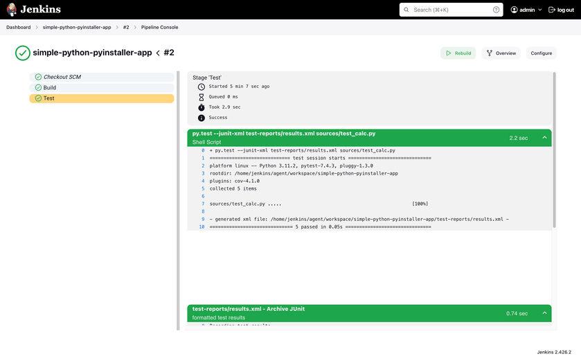 Test stage runs successfully (with output)