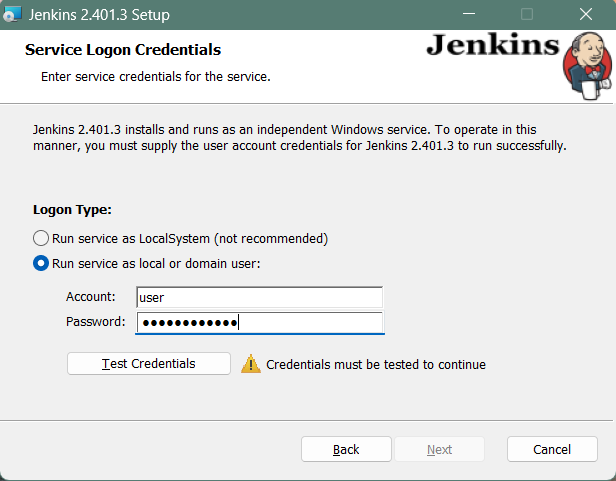 Jenkins Service Logon Credentials