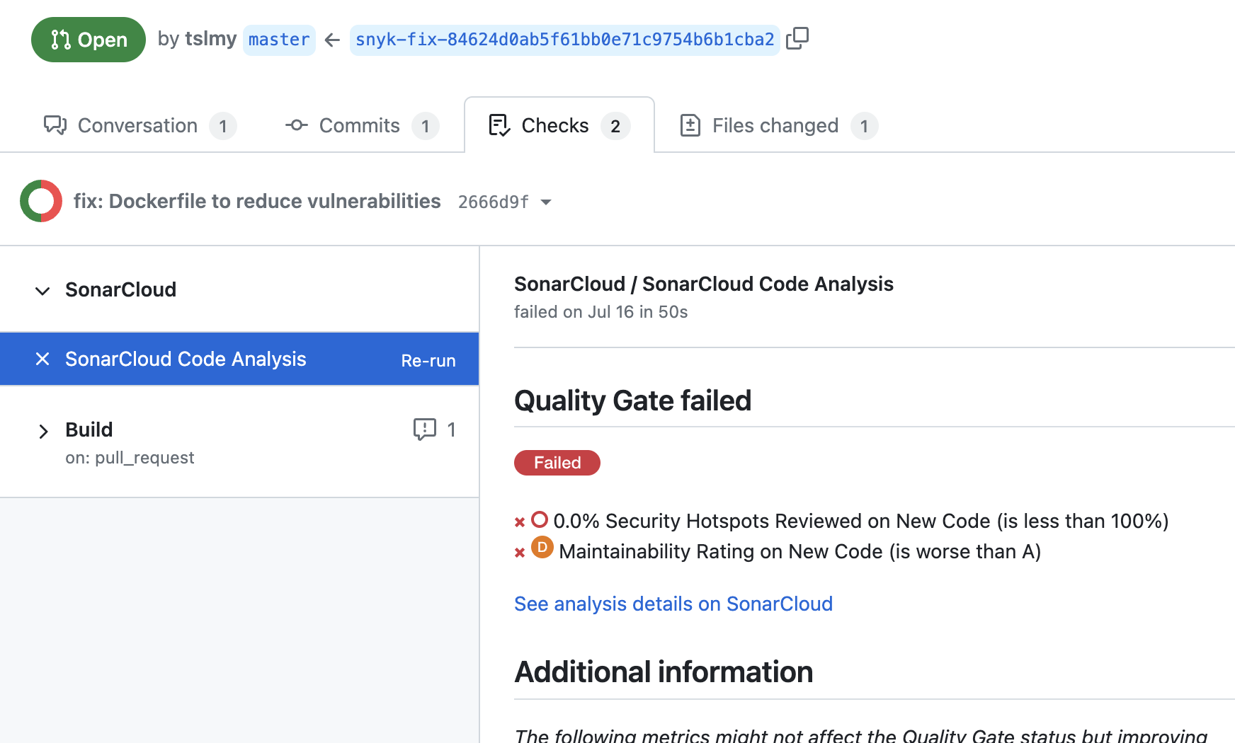 Screenshot of a SonarCloud Code Analysis as a GitHub PR Check