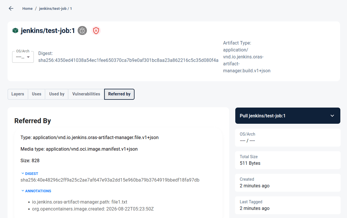 A file artifact showing its subject relationship (Referred By) to the build root, viewed in Zot A file artifact showing its subject relationship to the build root, viewed in the Zot registry UI