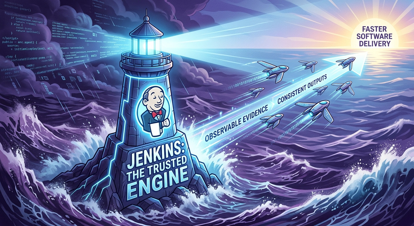 Illustration of a Jenkins lighthouse on a rock in a stormy sea, shining a beam labeled observable evidence and consistent outputs that guides AI agents toward faster software delivery