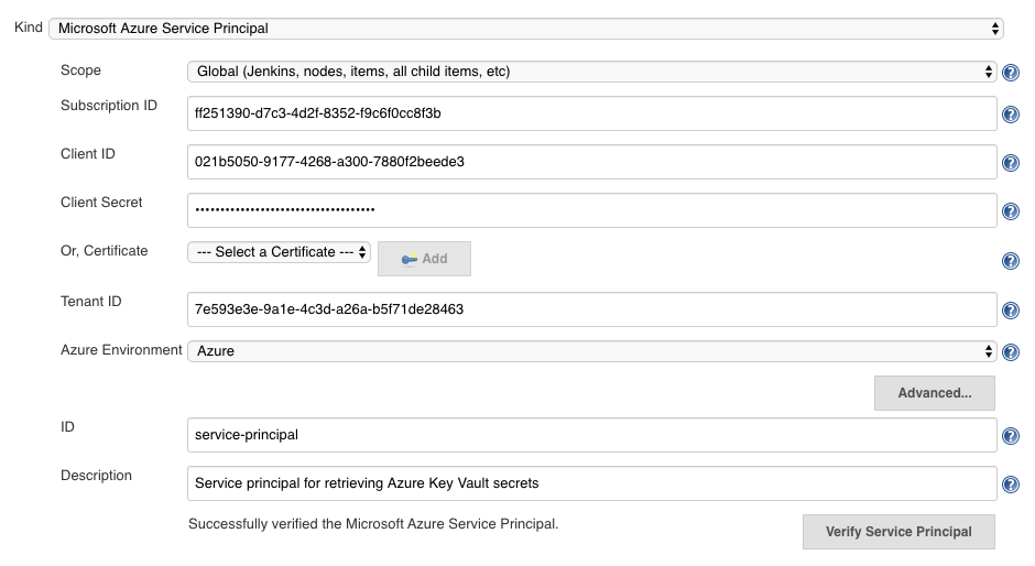 Microsoft Azure Service Principal credential configuration