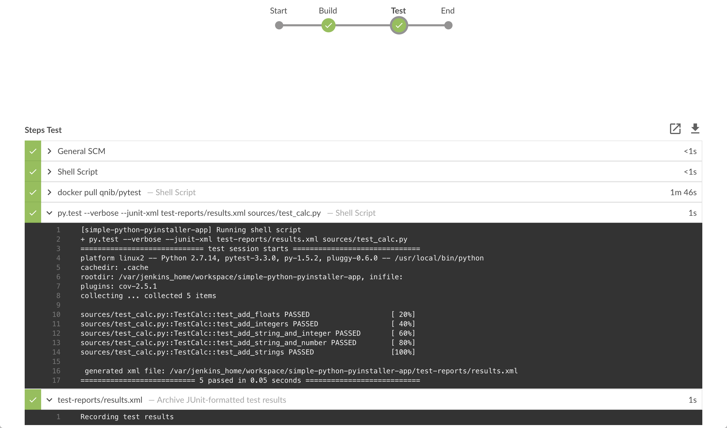 Test stage runs successfully (with output)